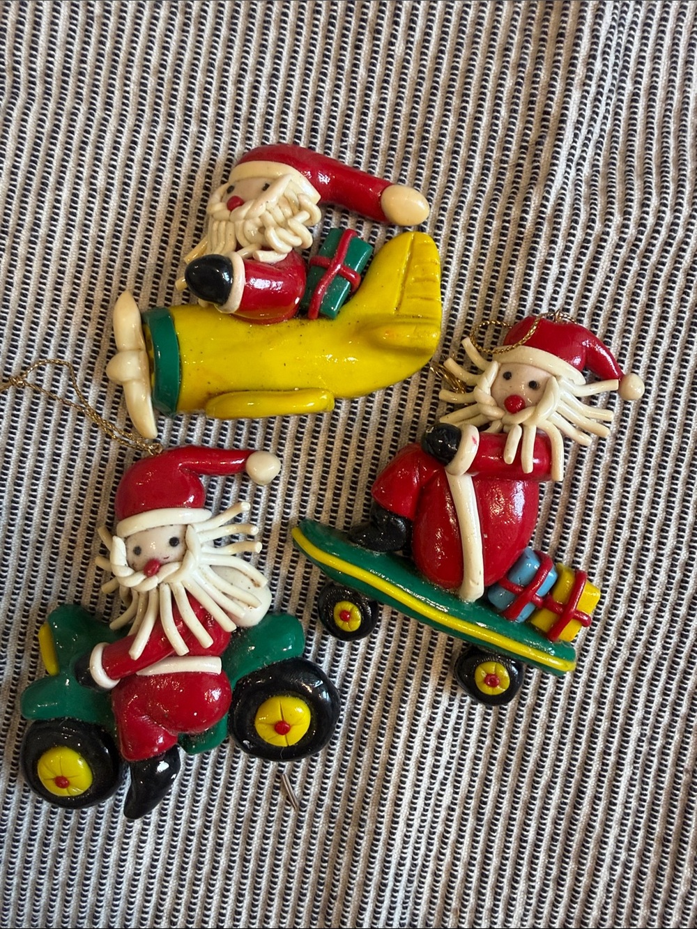 Vintage Polymer Clay Christmas Santa Ornament Lot Airplane Skateboard Trike